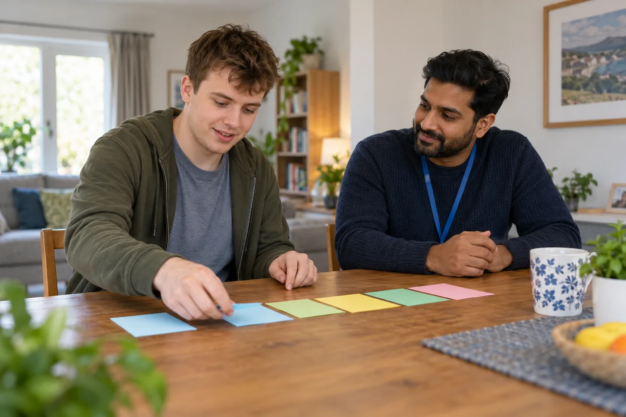 A young adult discussing a comfortable everyday routine with a support worker