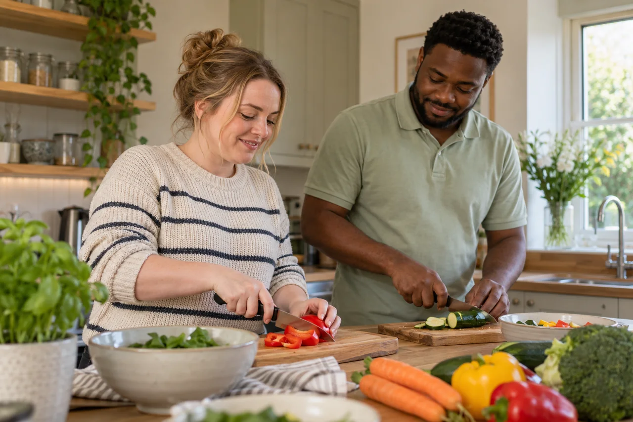 A woman preparing a meal alongside her support worker