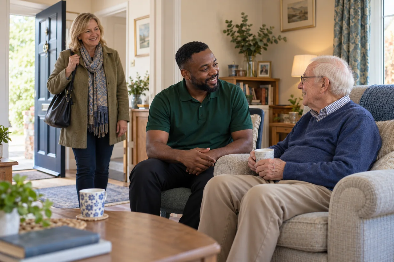 A family member reassured while a care worker keeps her father company