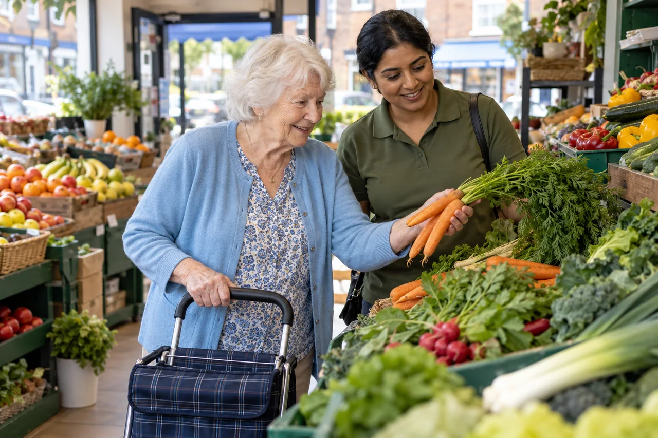An older woman choosing groceries with a support worker